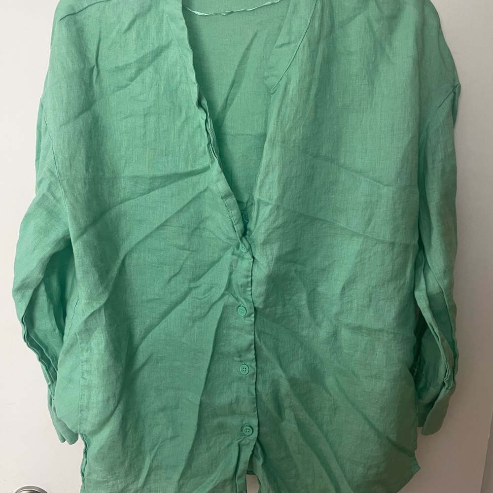 Zara Green Relaxed 3/4 Sleeve Blouse